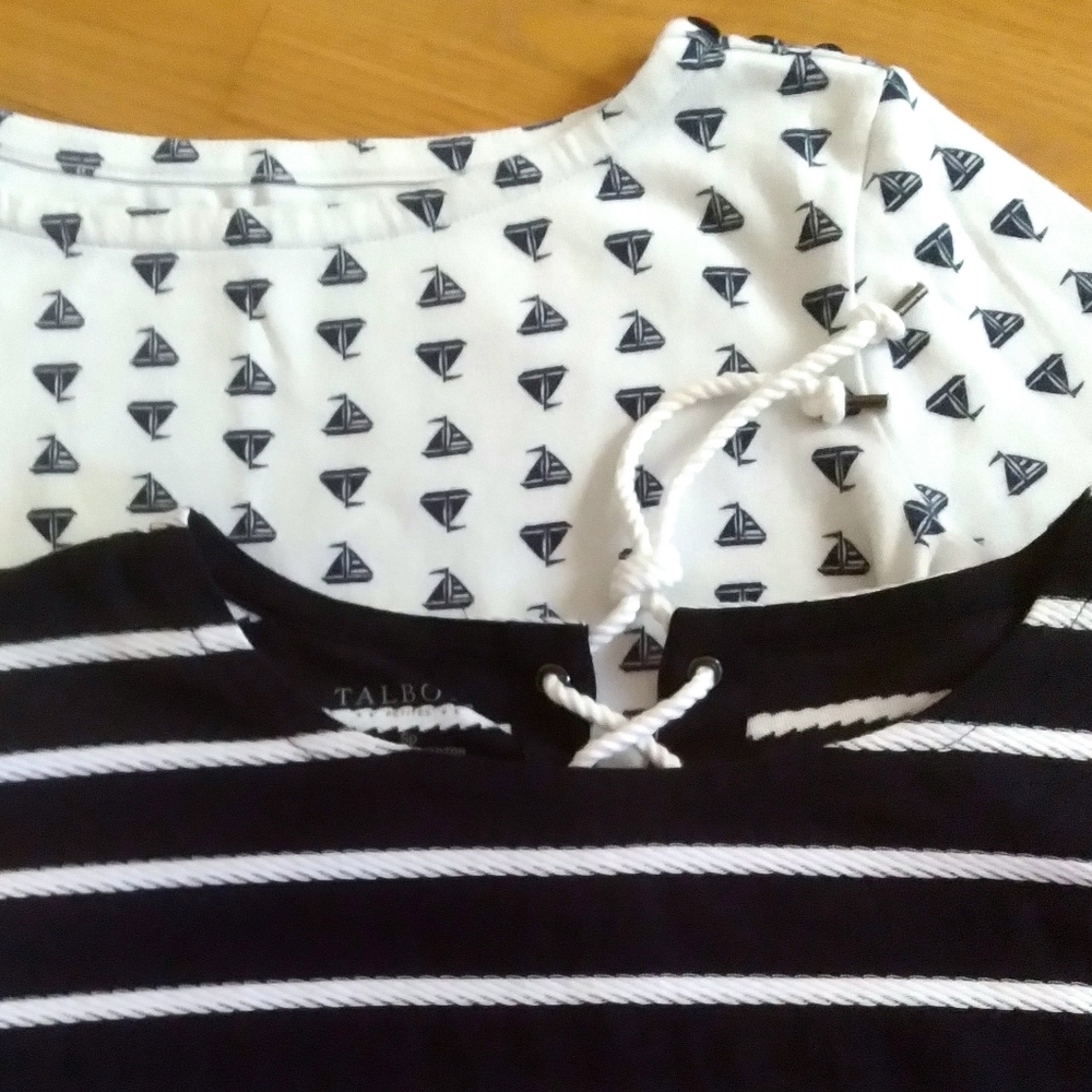 Talbots Top Bundle Navy White Breton Stripe and Novelty Sailboat Print Small
